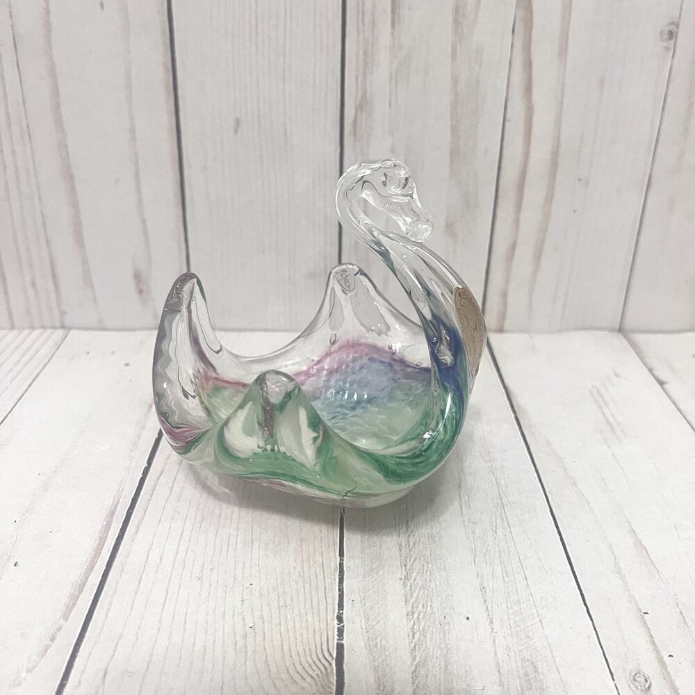 Murano Vintage Art Crystal Glass Swan Blue Pink White & Green Hand Blown